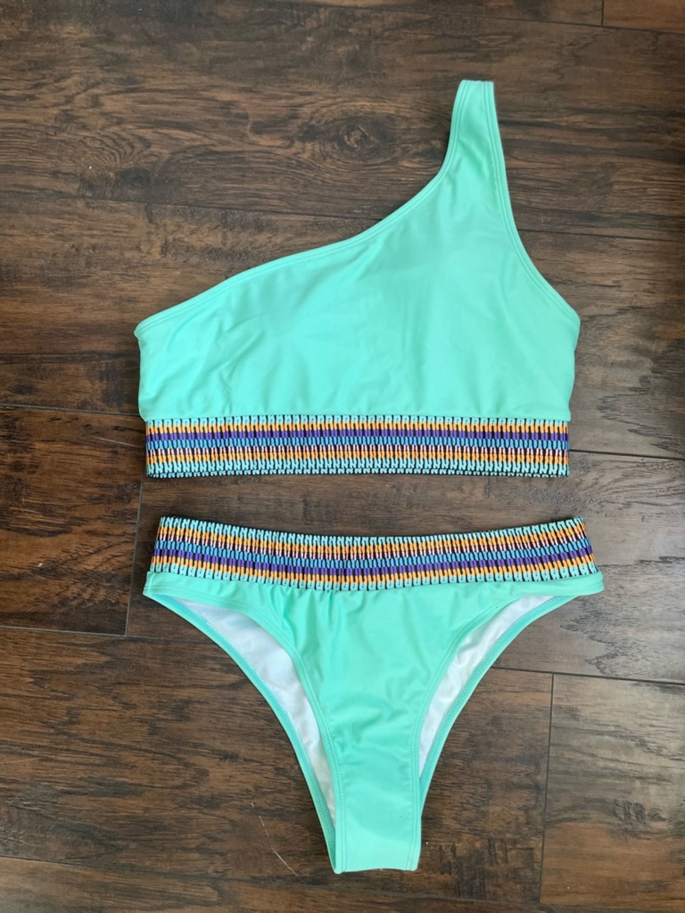 One-Shoulder Mint Green Bikini Set with Multicolor Smocked Trim